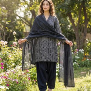 Printed Black Unstitched Suit