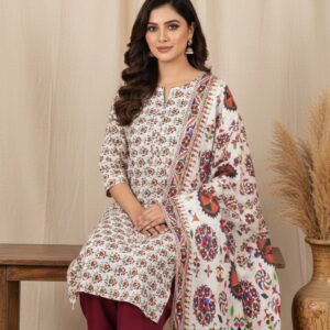 Printed White Unstitched Suit