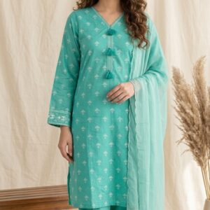Printed Cyan Three Piece Suit